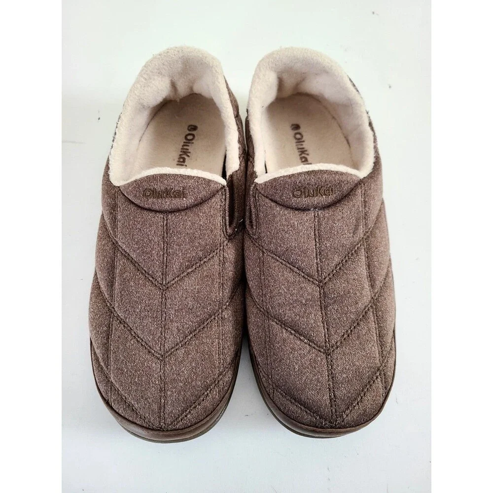 OluKai Mens Puku'i Brown Quilted Fleece Slippers Shoes Size 8 Hard Bottom